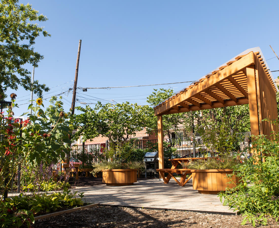 community garden with shade structure