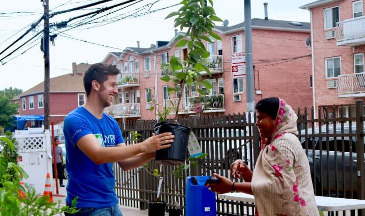 staff member handing out a free tree