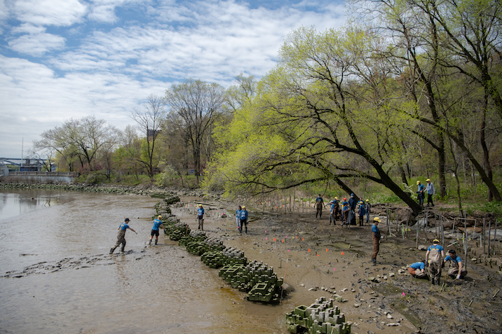 people on an empty river shoreline