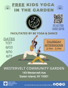 Flyer for 2023 Kid's Yoga in the Garden at Westervelt Community Garden