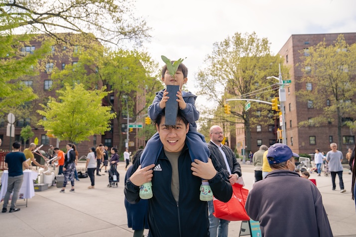 person holding child with tree